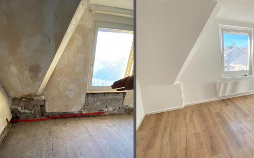 Dachgeschoss vor und nach der Renovierung mit neuem Fenster